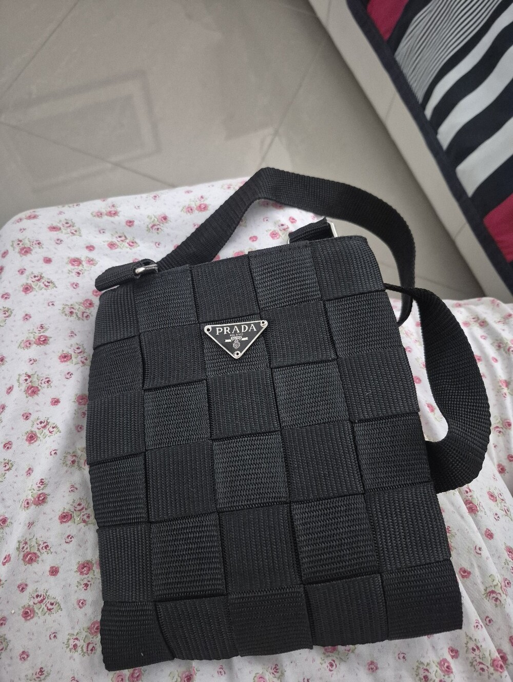 Black Woven Messenger Crossbody Bag  9.5x8